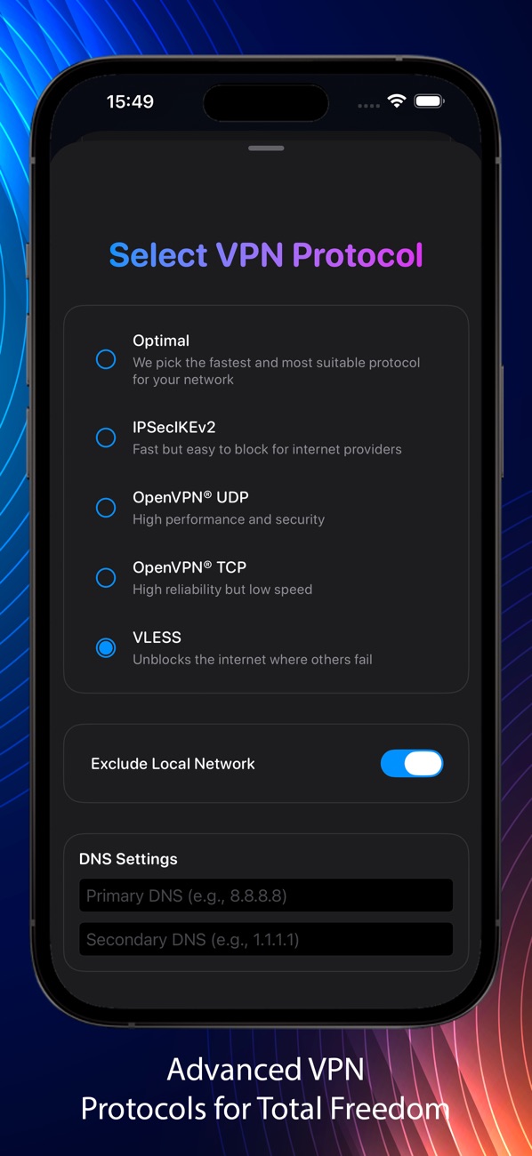 Select VPN Protocol screen: Optimal, IPSec IKEv2, OpenVPN UDP, OpenVPN TCP, VLESS