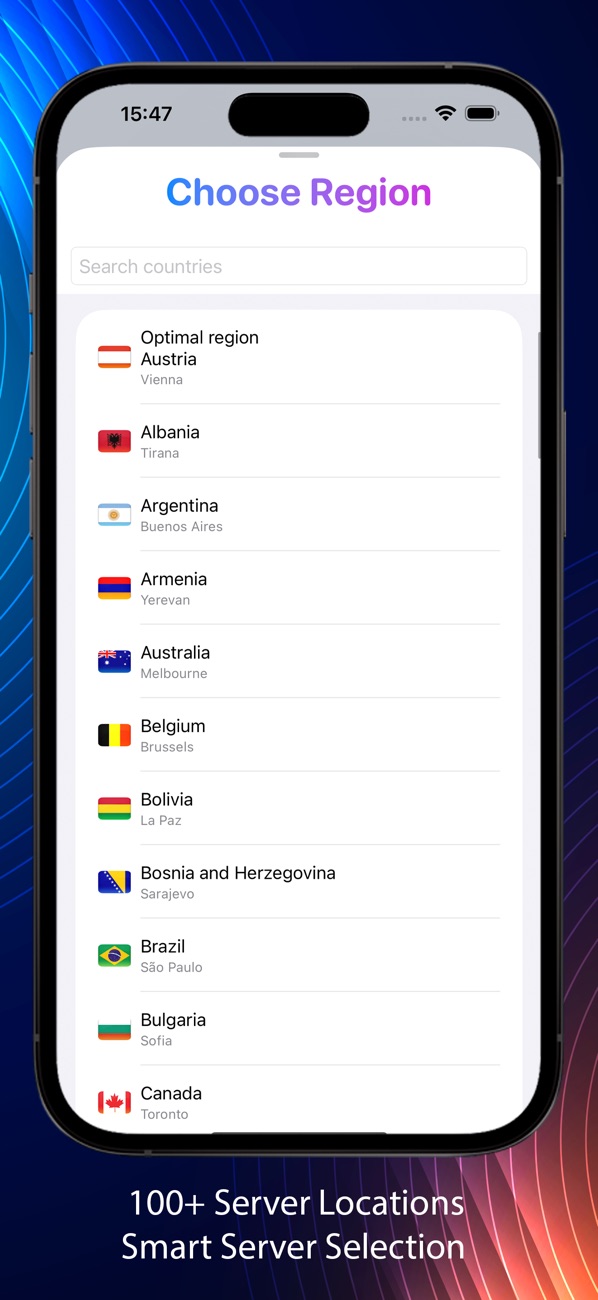 Choose Region list with Optimal region at the top