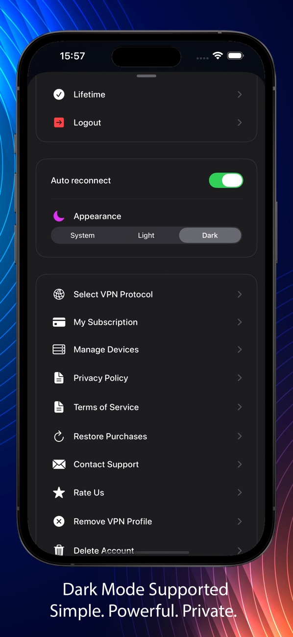 RealVPN iOS settings screen