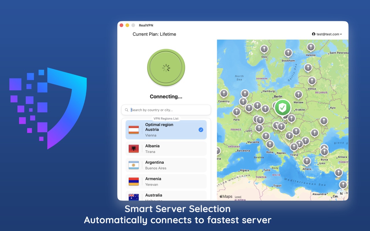 RealVPN for Mac connecting with Optimal region selected