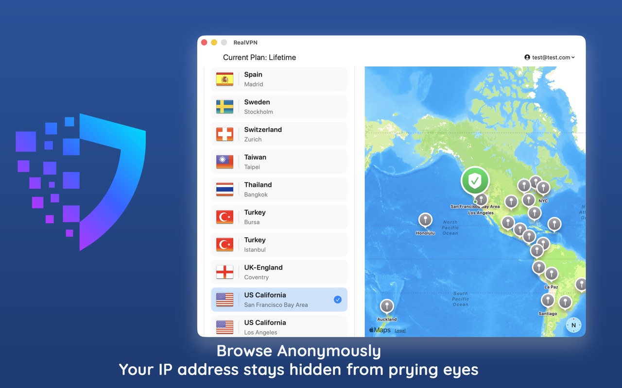 RealVPN for Mac with server map and location list