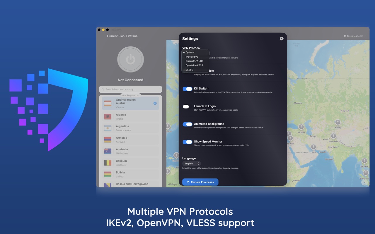 RealVPN Mac protocol selection: IKEv2, OpenVPN, VLESS