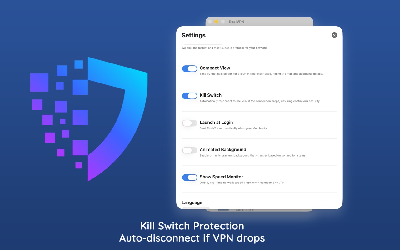 RealVPN Mac settings with Compact Mode, Kill Switch and Launch at Login