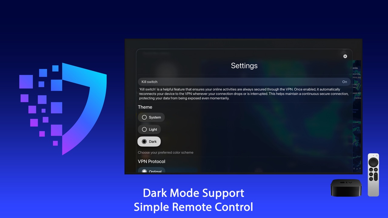 RealVPN settings on Apple TV with theme and protocol