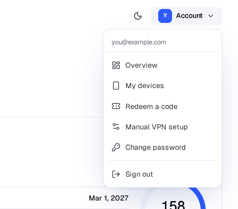 Account menu with Manual VPN setup