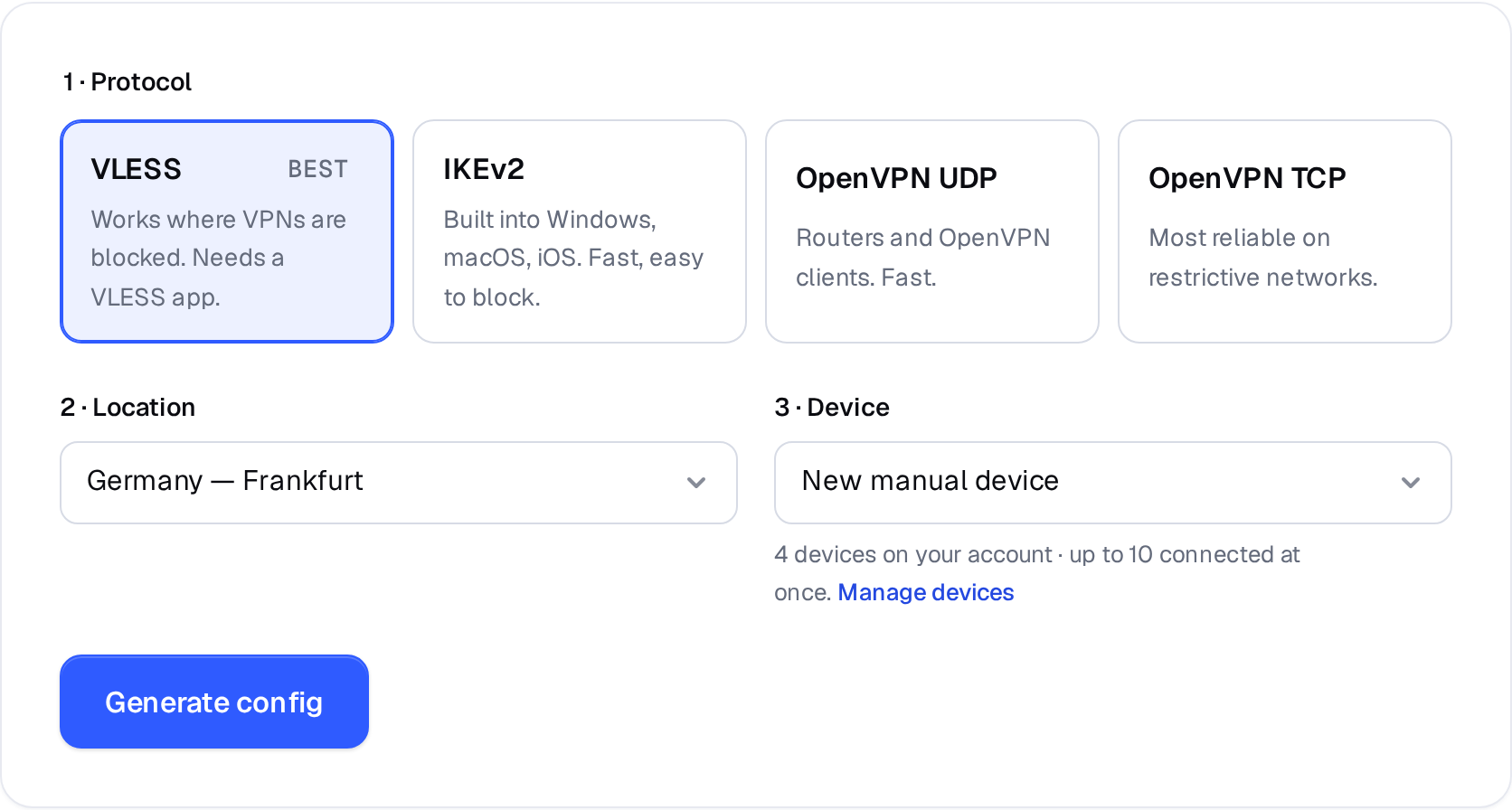 Manual VPN setup page on realvpn.io with protocol, location and device selection