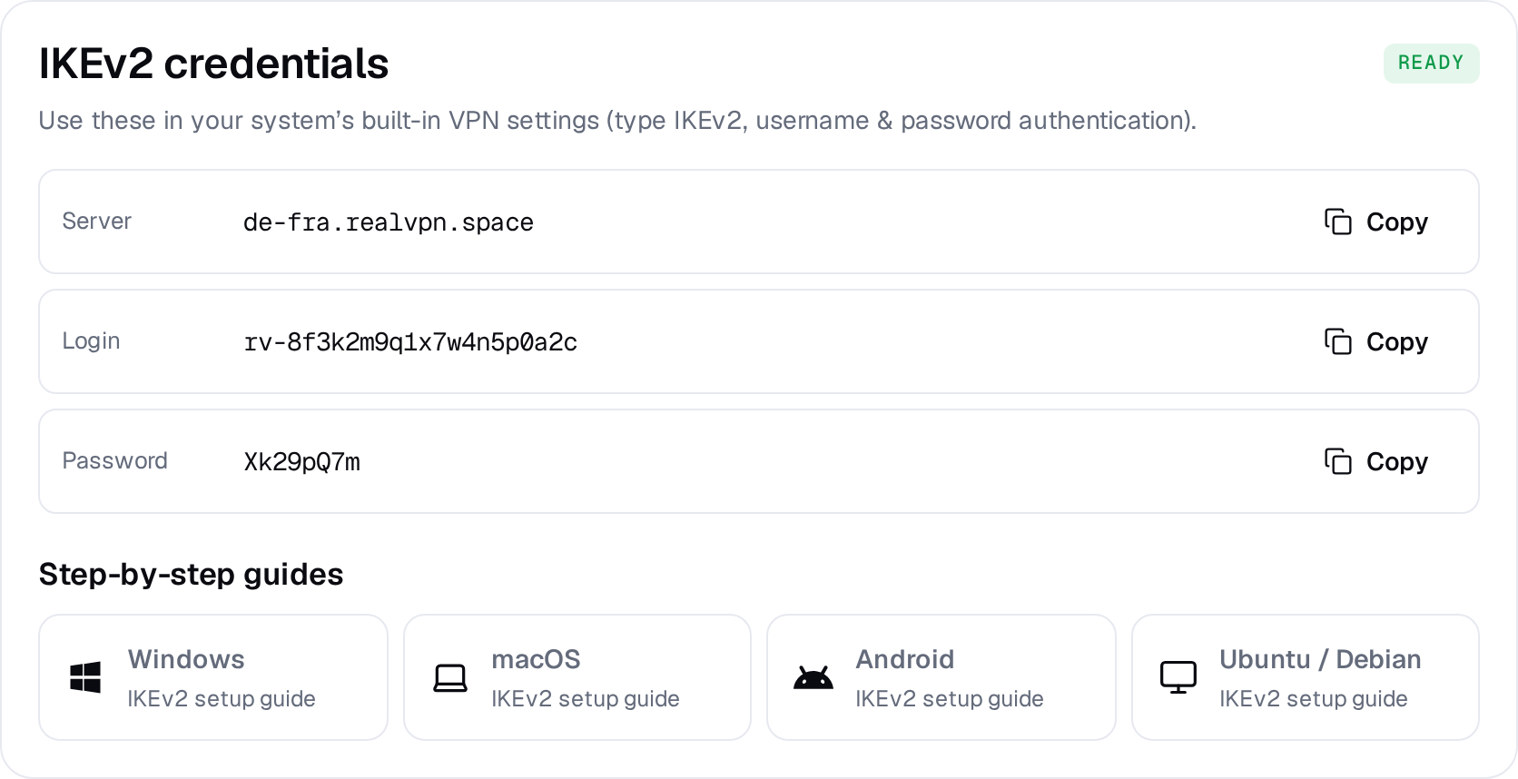 IKEv2 result on the Manual VPN setup page
