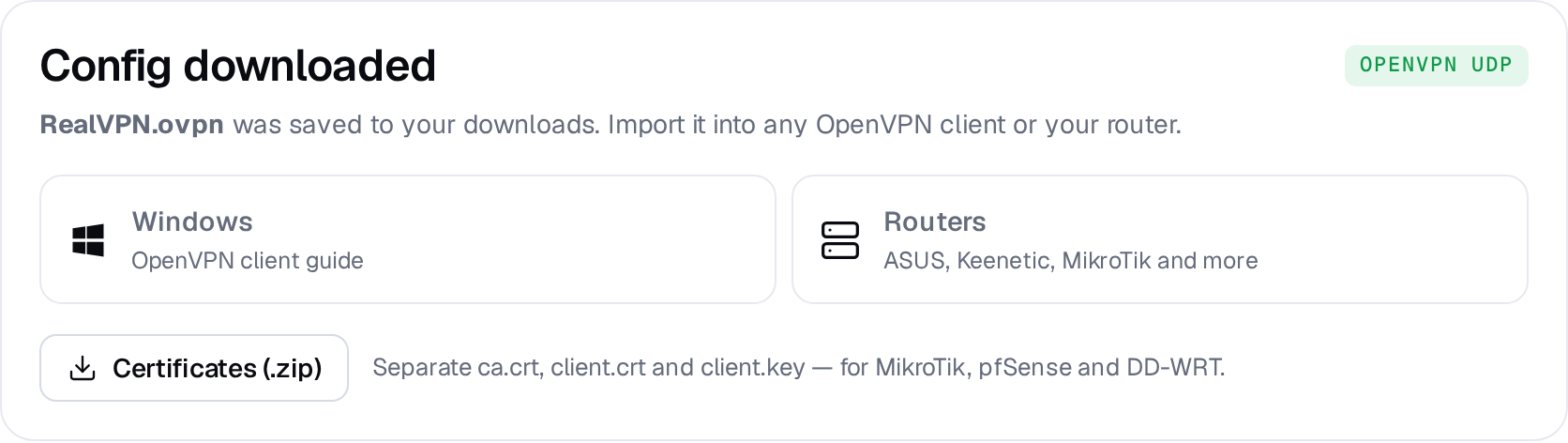 OpenVPN UDP (or TCP) result on the Manual VPN setup page