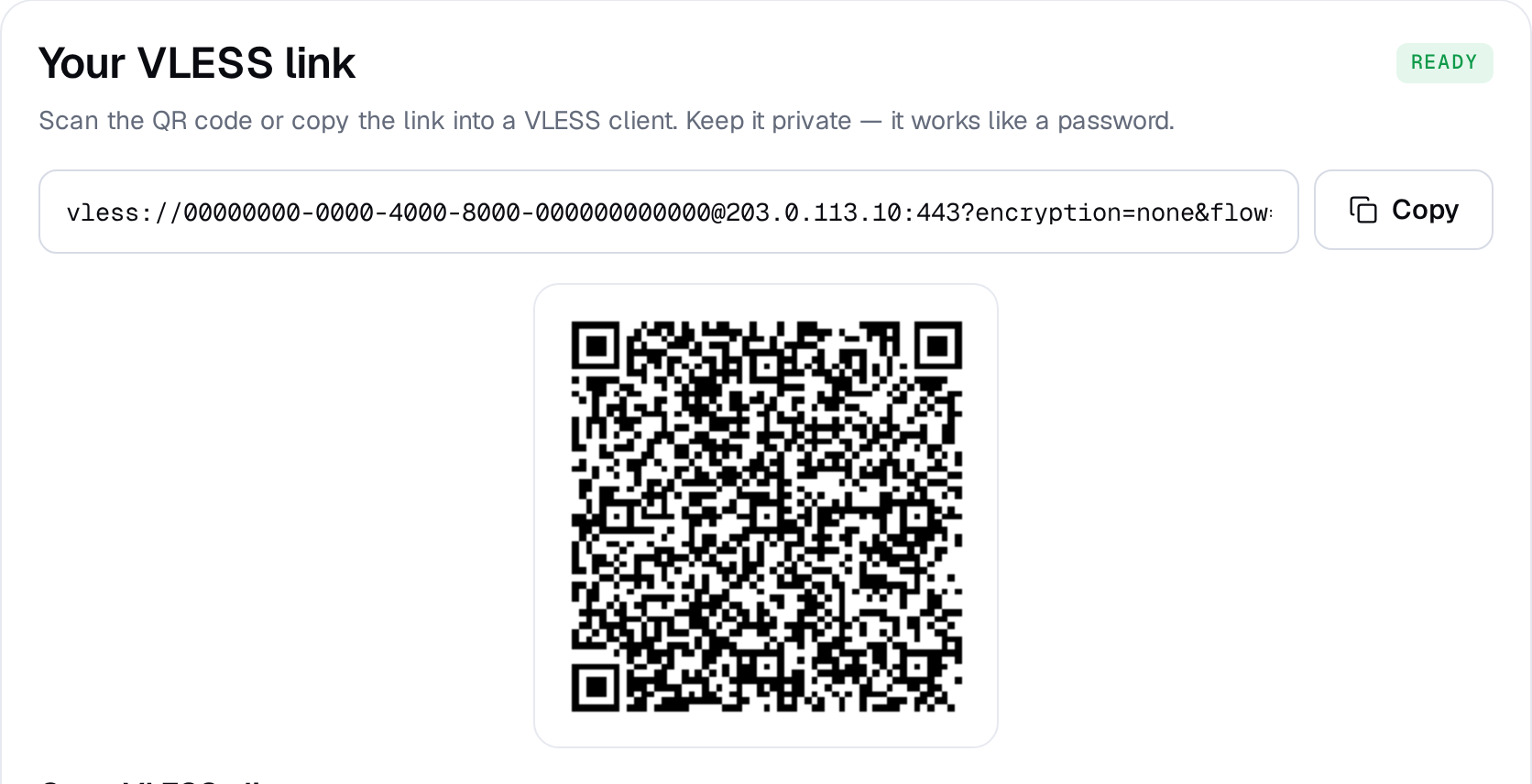 VLESS result on the Manual VPN setup page
